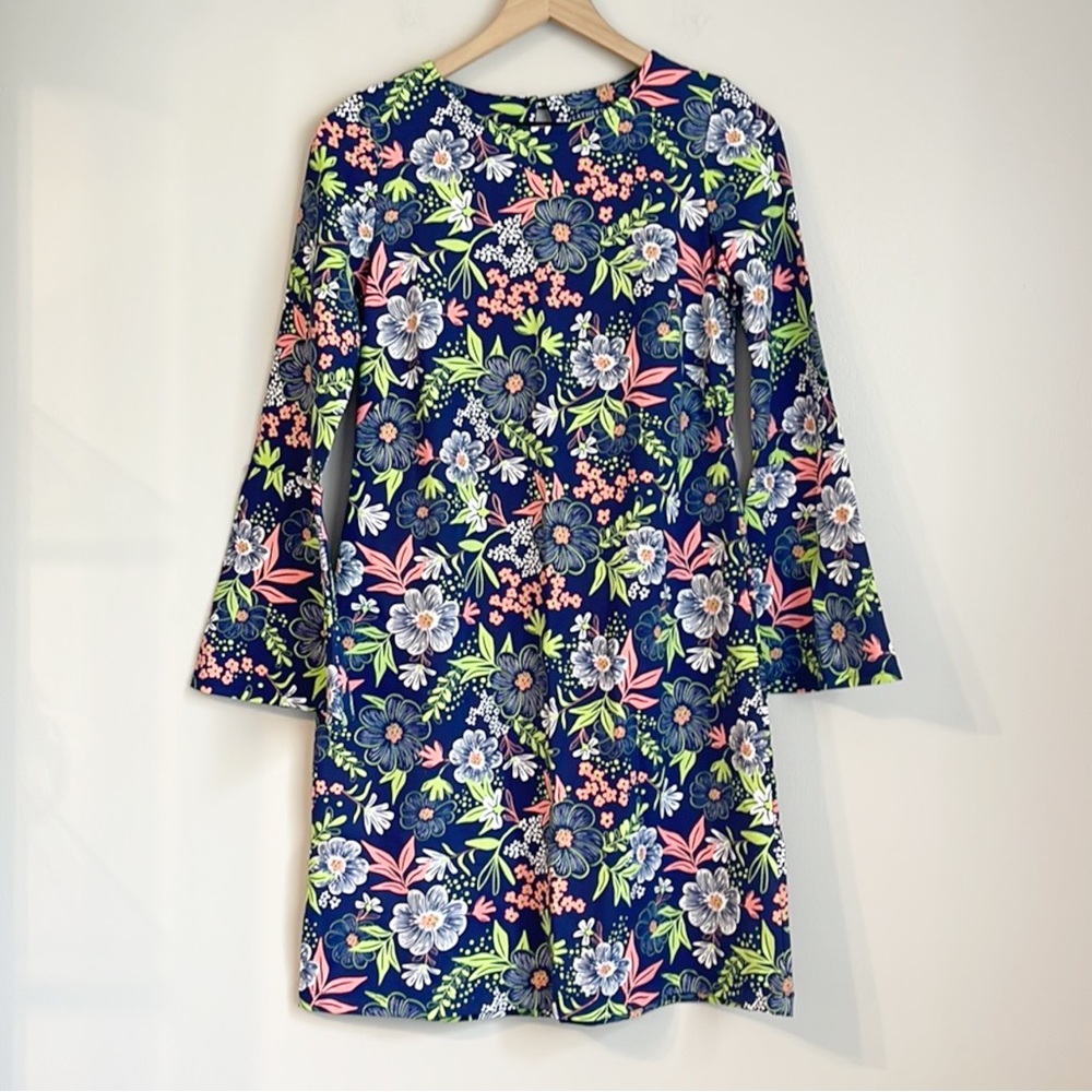 Katherine Way Navy Blue Floral Midi Bell Sleeve Dress Size S